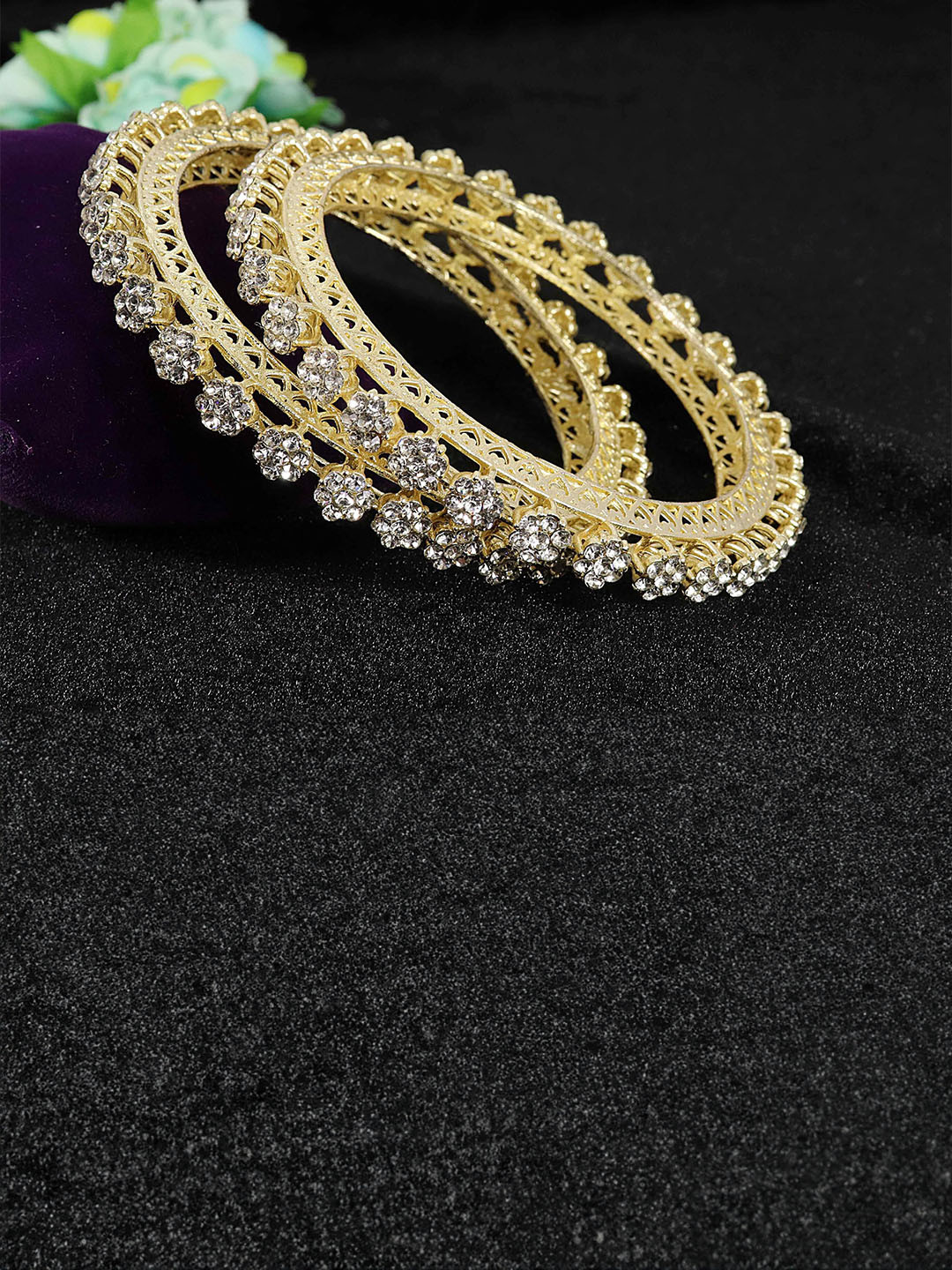 ZULKASet of 2 Gold Plated Metal with Zircon Diamond Stone Bangles Kada  | Kada