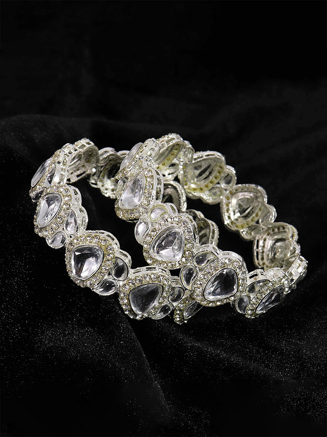 ZULKA Set Of 2 Silver Plated Metal Zircon Diamond & Kundan Mirror Bangles Kada