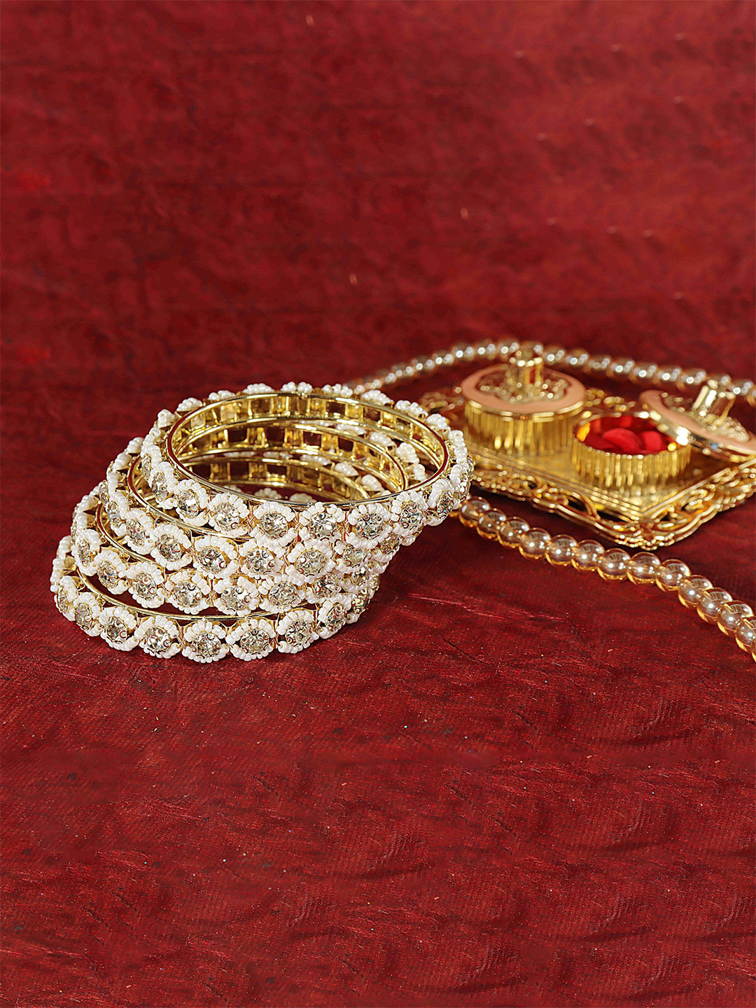 ZULKA Set of 4 Metal White Moti Bangles with Zircon Diamond Stone For Women