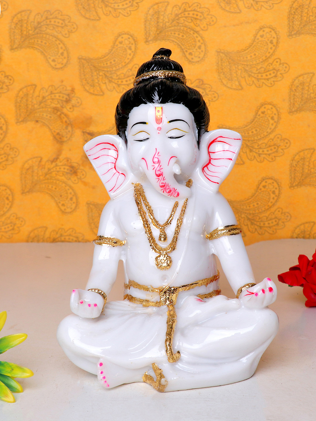 GW CREATIONS Lord Ganesha White Marble Glossy Prayer Room Hand-Crafted Large Showpiece - 2.8 Inches