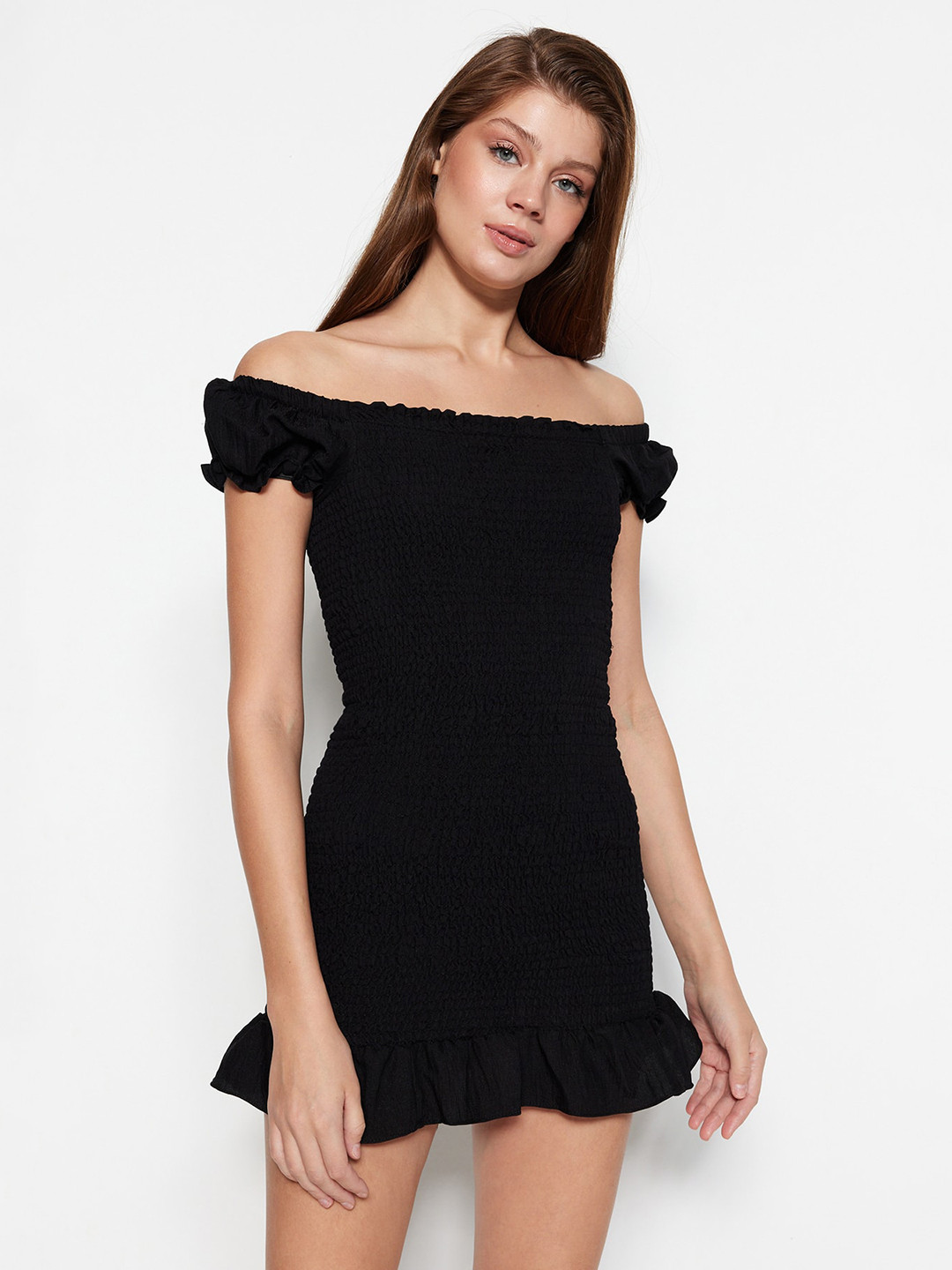 Trendyol Off-Shoulder Smocked Sheath Mini Dress