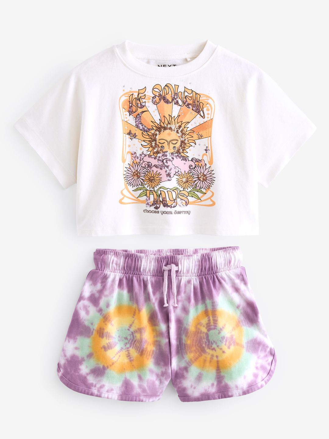 NEXT Girls Sequin Celestial Graphic T-Shirt and Tie Dye Shorts Set