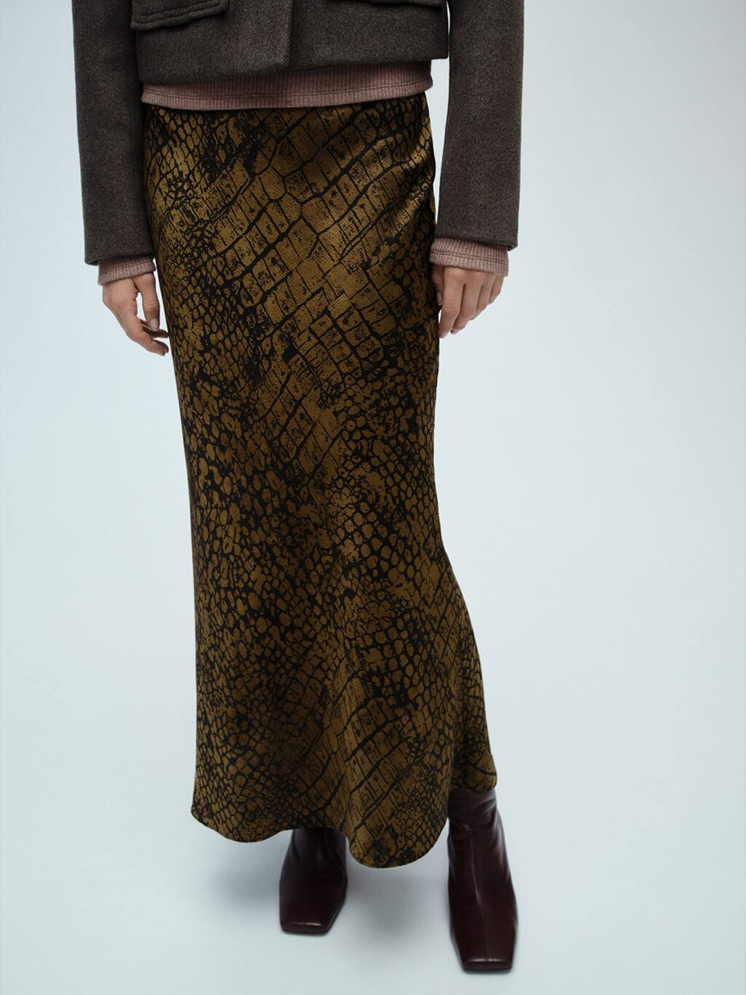 MANGO Women Croc Skin Printed Mid-Rise Maxi Pencil Skirt