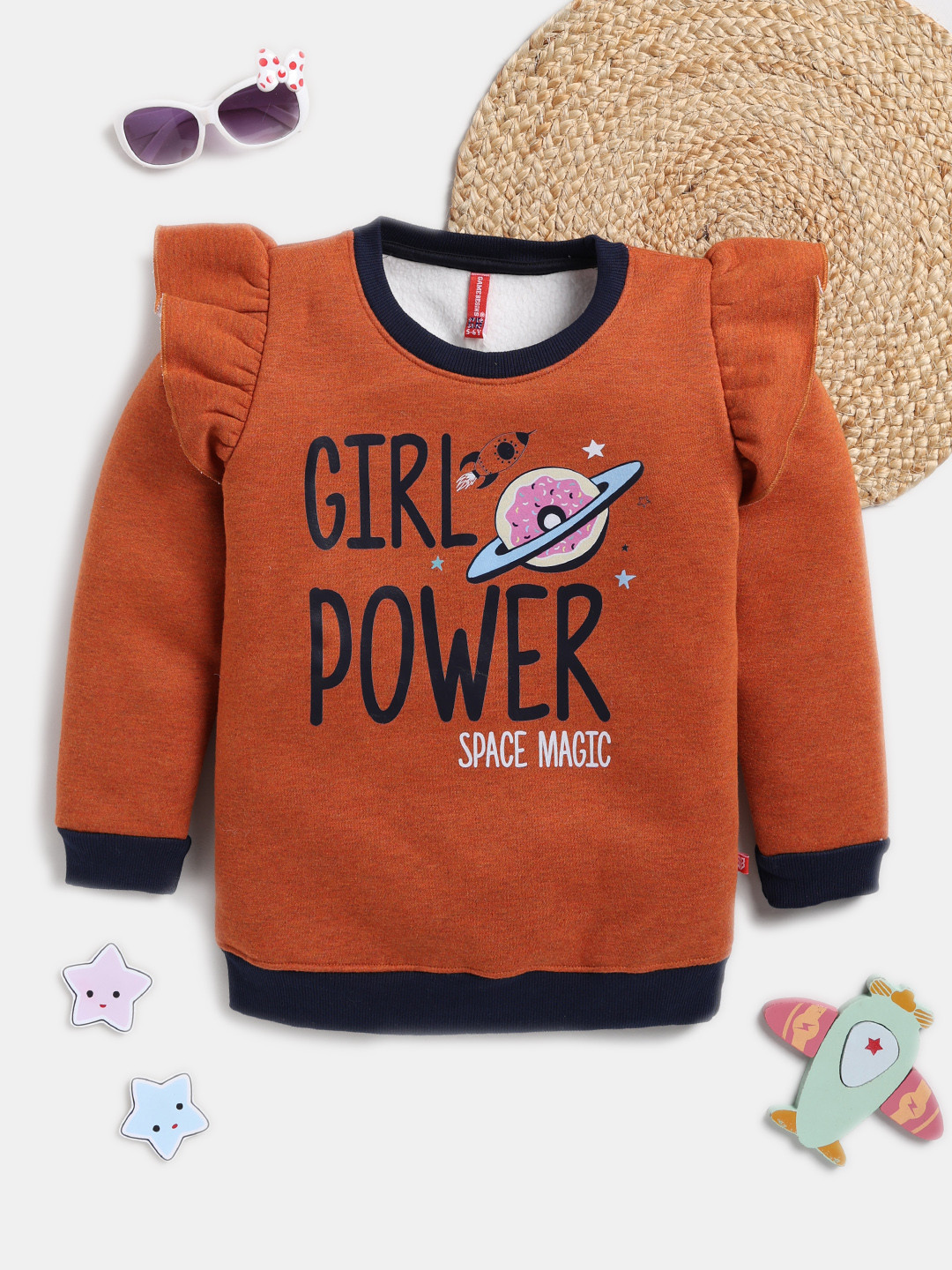 Here&Now X Game Begins Girls Typography Printed Pure Cotton Sweatshirt with Ruffles