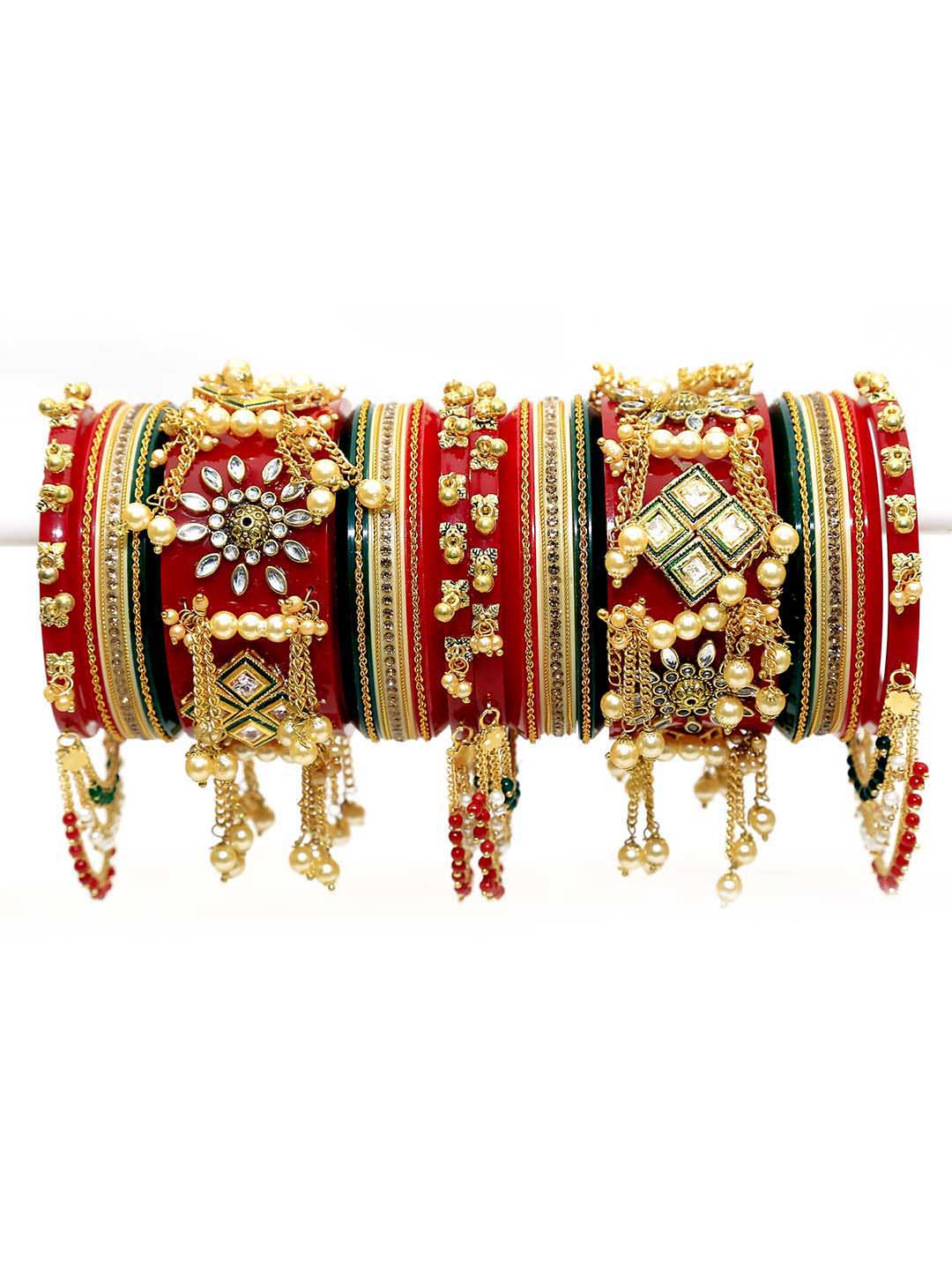 Align Set Of 2 Gold-Plated Stone-Studded & Beaded Chuda Bangles