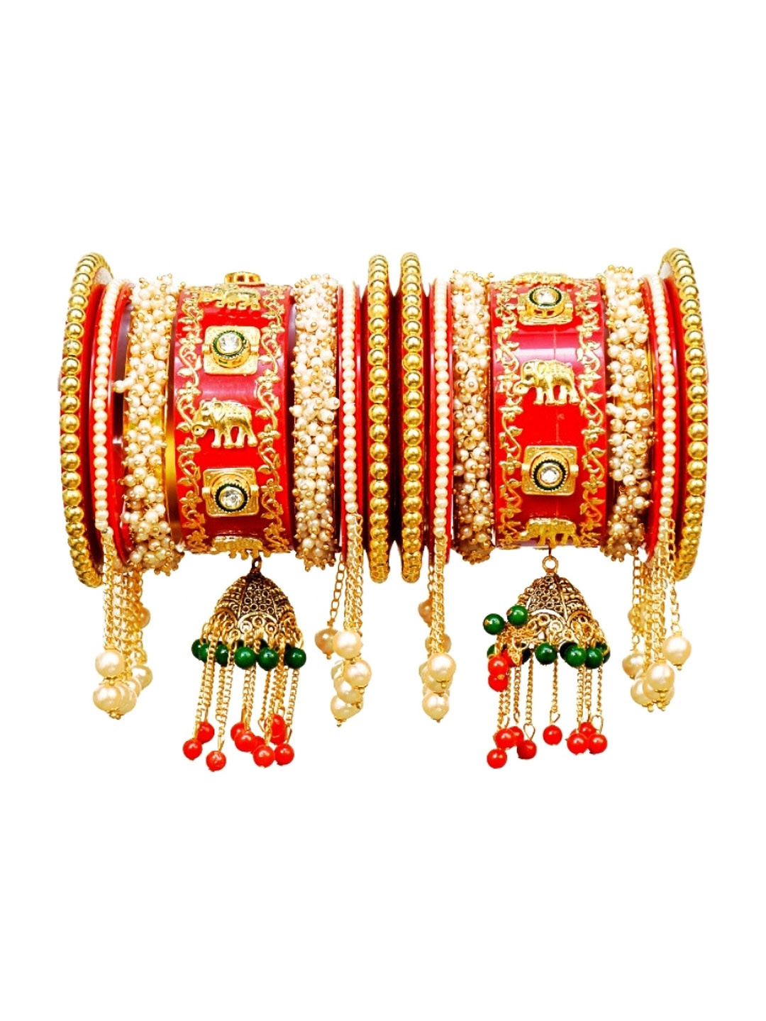 Align Set Of 2 Gold-Plated Stones & Beads Studded Bangles With Hangings