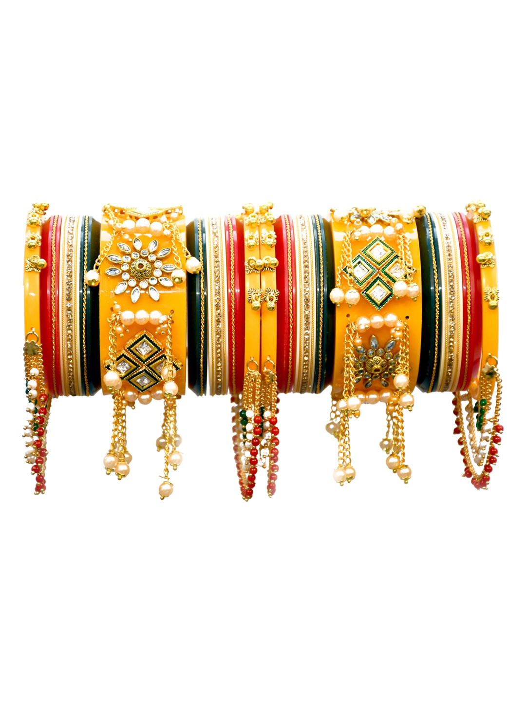 Align Set Of 2 Gold-Plated Stones Studded & Beaded Bangles With Hangings