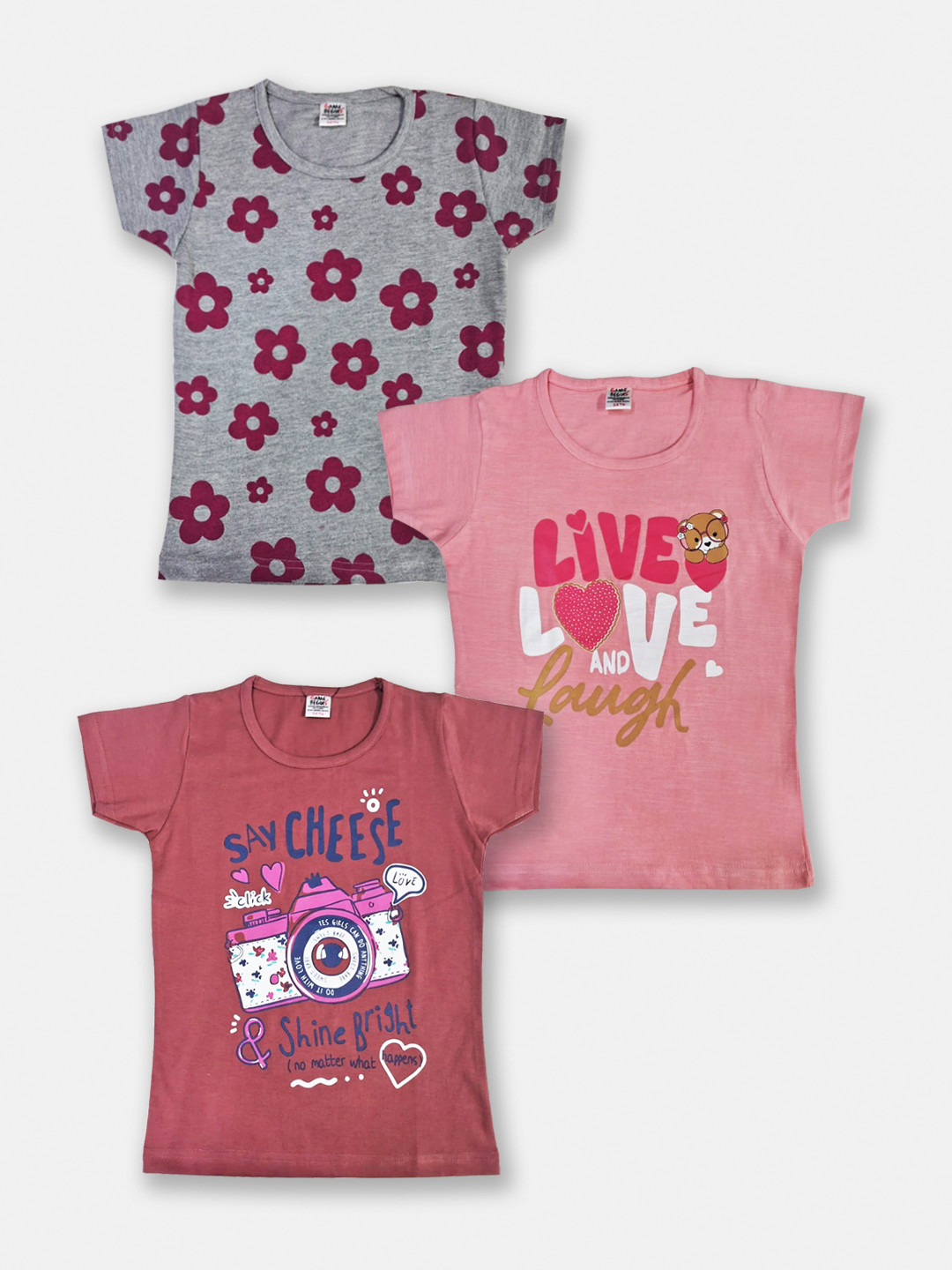 Here&Now x Game Begins Girls Set of 3 Pure Cotton Printed T-shirts