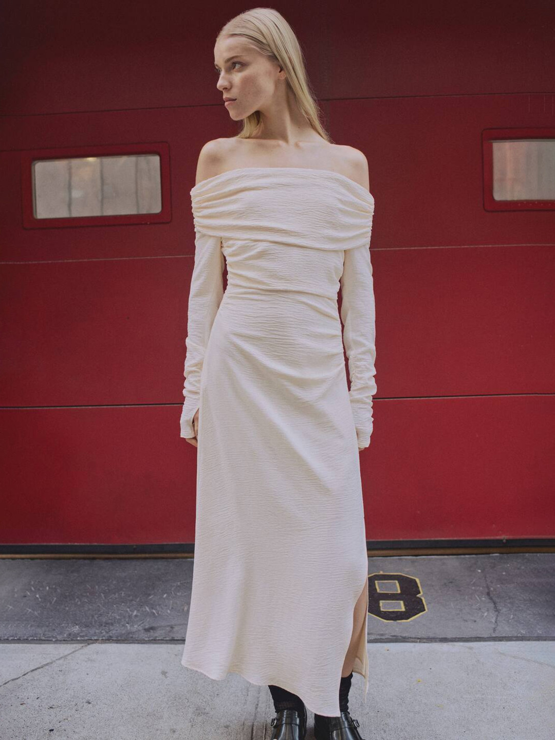 MANGO Ruched Bardot Midi Dress with Slit