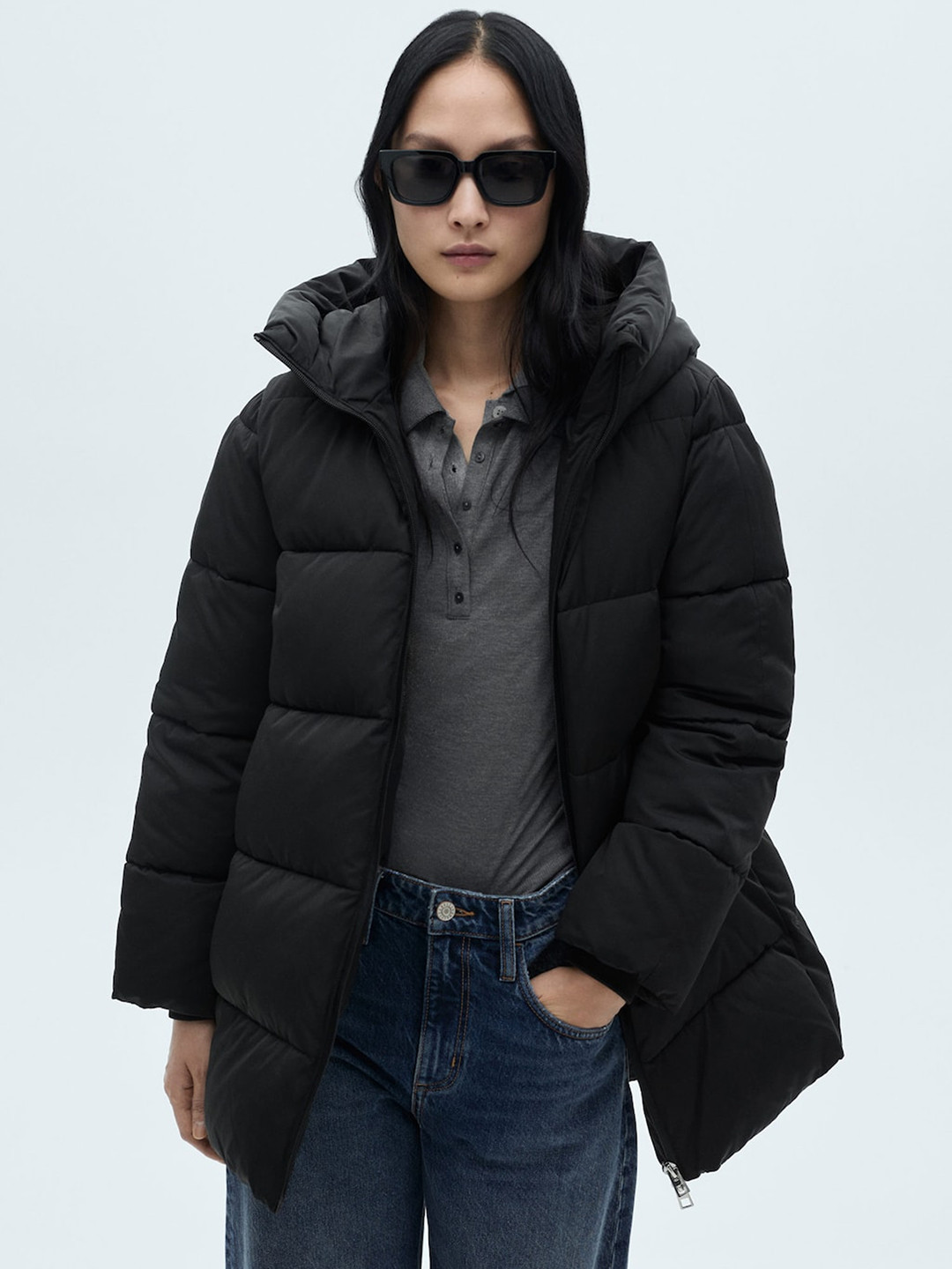 MANGO Water-Repellent Longline Hooded Padded Jacket