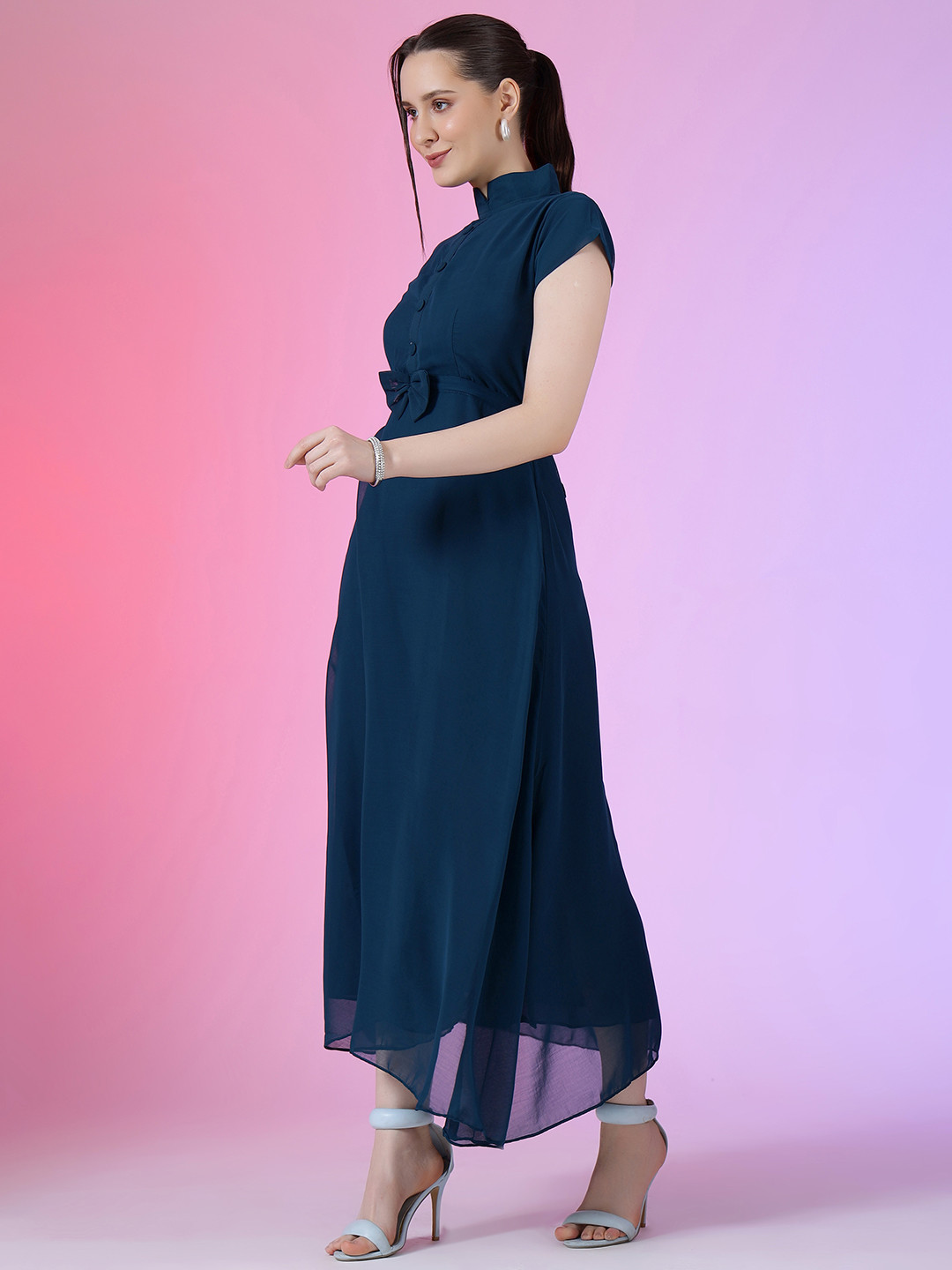 Femvy Women Short Sleeves Peter Pan Collar Fit & Flare Maxi Dress