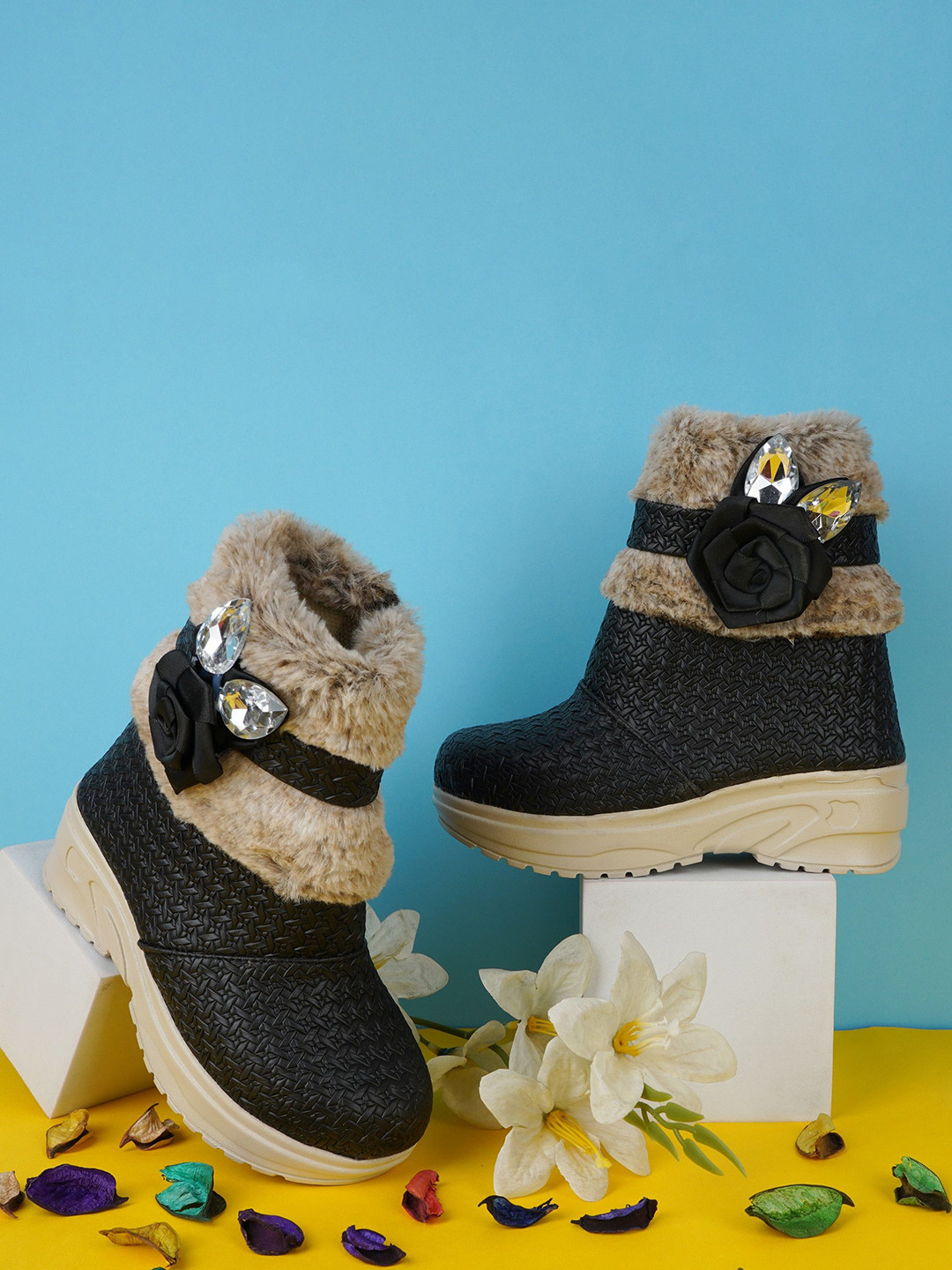 BAESD Girls Leather Embellished Faux Fur Side Zip High Angel Winter Boots