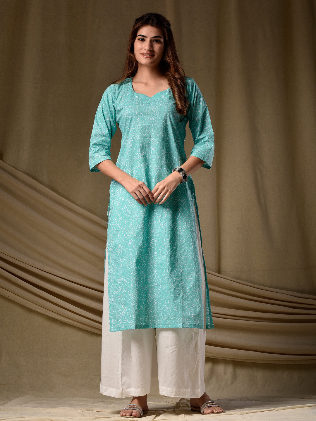 DIMPLE DESIGN STUDIO Bandhani Screen Printed Sweetheart Neck Pure Cotton Straight Kurta