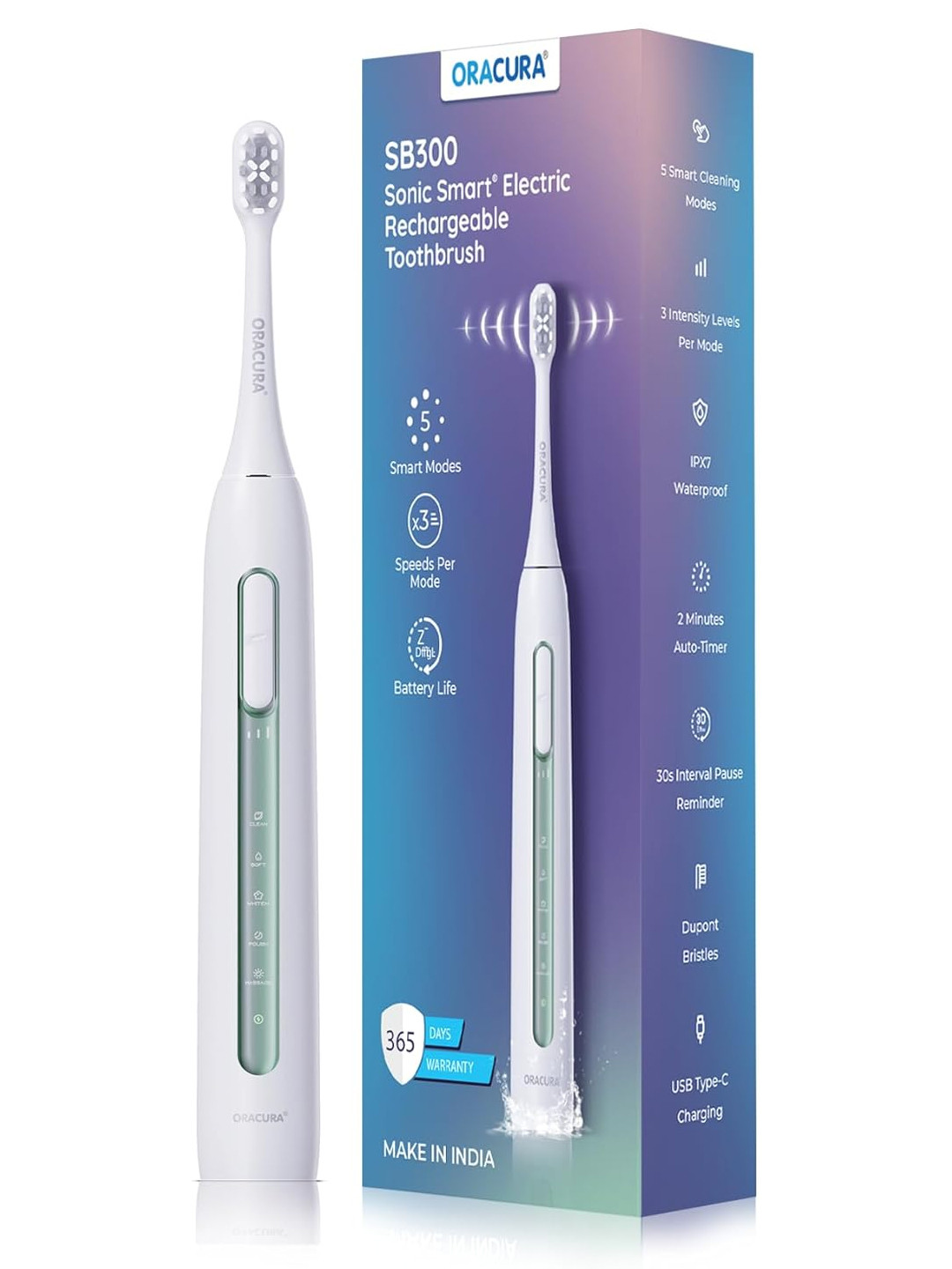 ORACURA SB300 Sonic Smart Electric Rechargeable Toothbrush - Green