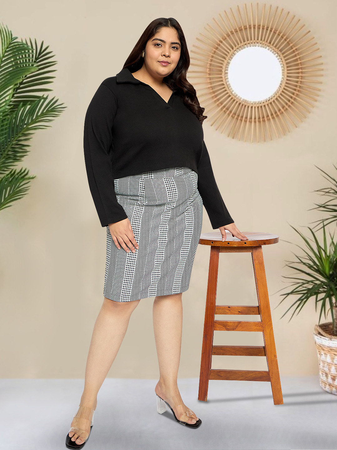 wild U Women Graphic Printed Plus Size Pencil Knee Length Stretch Formal Skirt