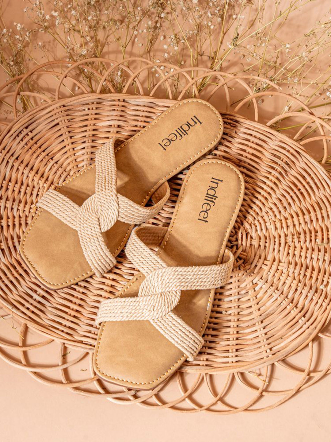 Indifeet Women Cream Open Toe Cross Strap Comfortable Textured Jute Flat Chappals