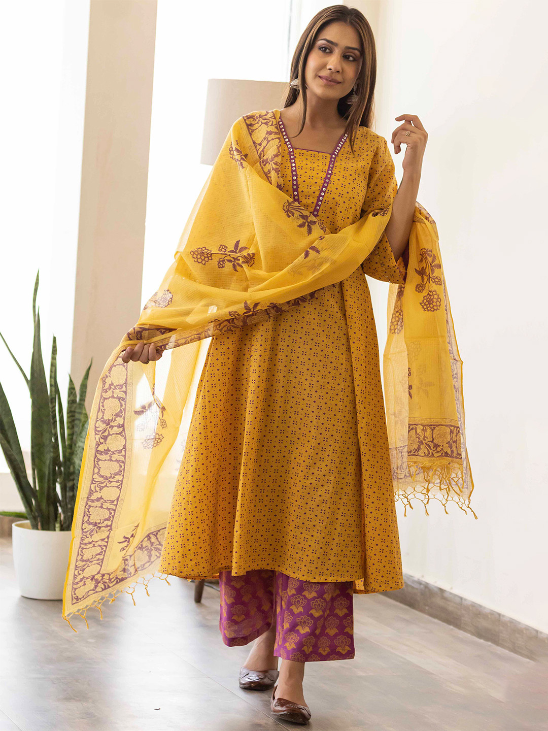 Maitri Jaipur Floral block Printed Sequin Pure Cotton A-Line Kurta with Palazzos & Dupatta