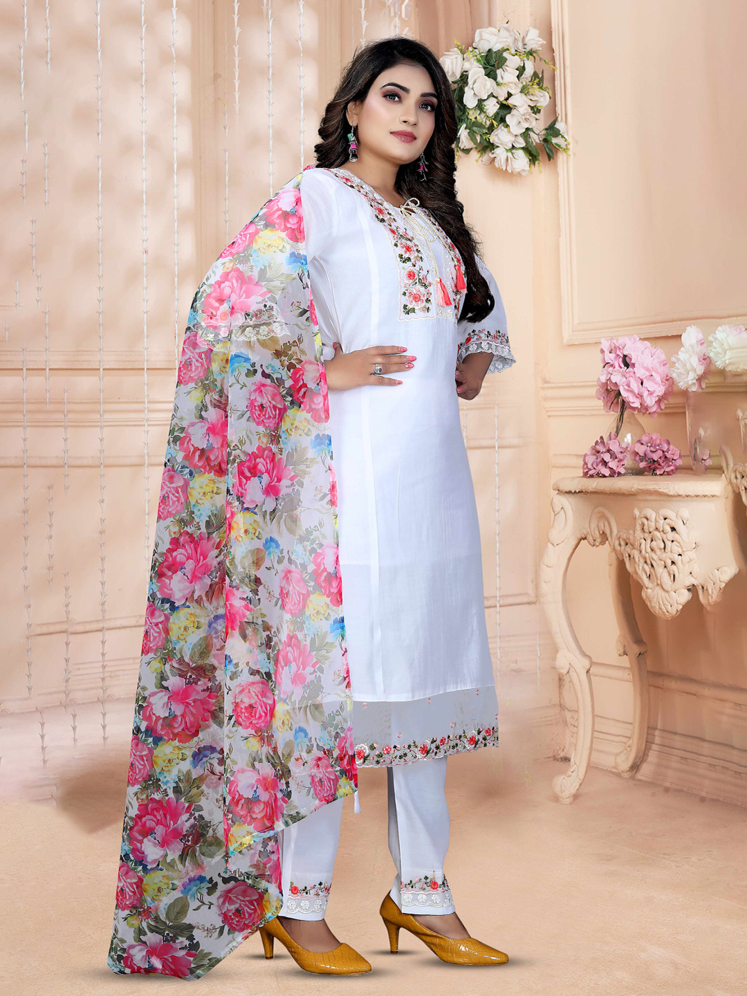 KC Kunj Creation Yoke Design Thread Work Chanderi Cotton Kurta With Pyjama & Dupatta
