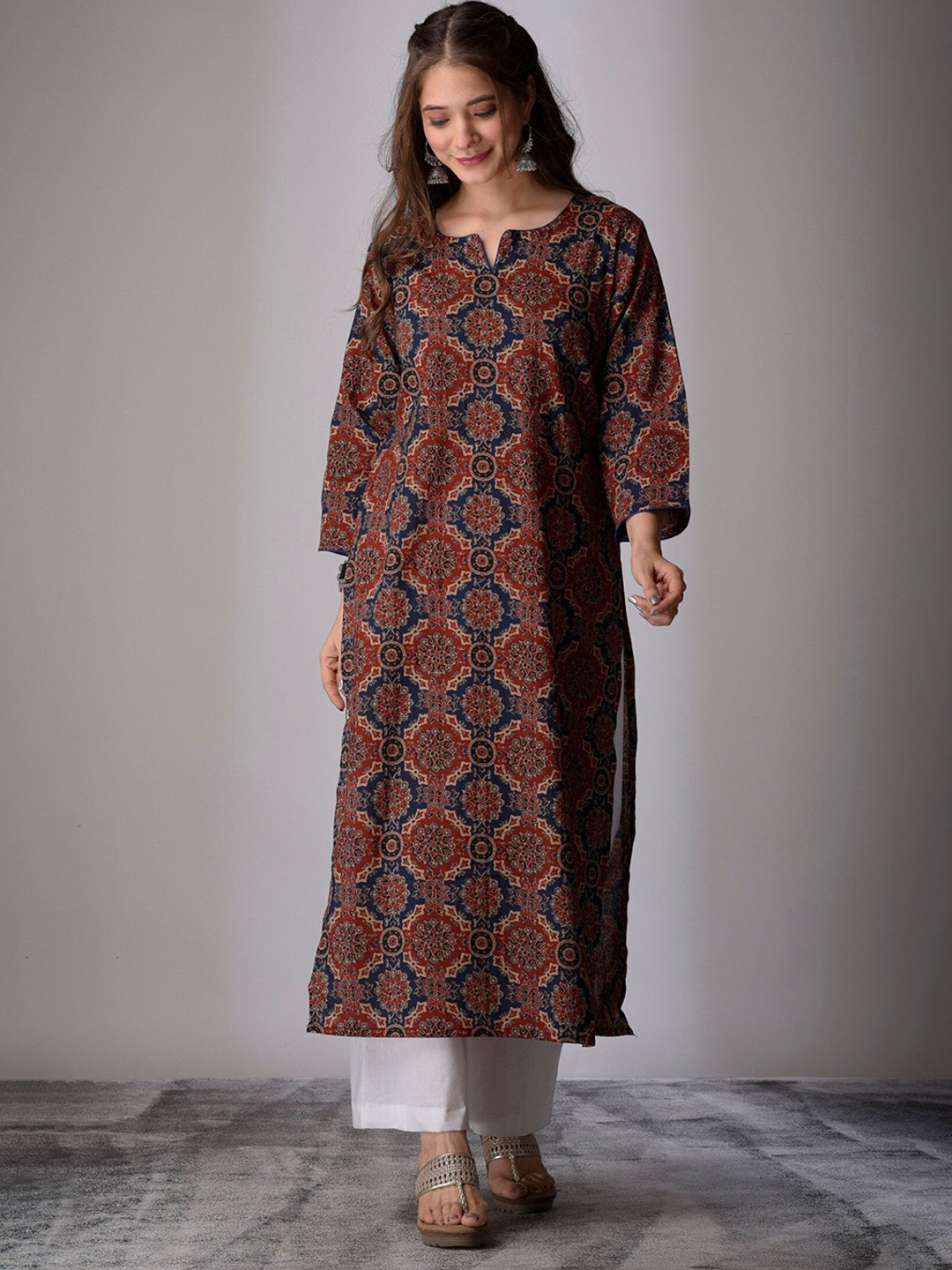 DIMPLE DESIGN STUDIO Floral Screen Printed Notch Neck Pure Cotton Straight Kurta
