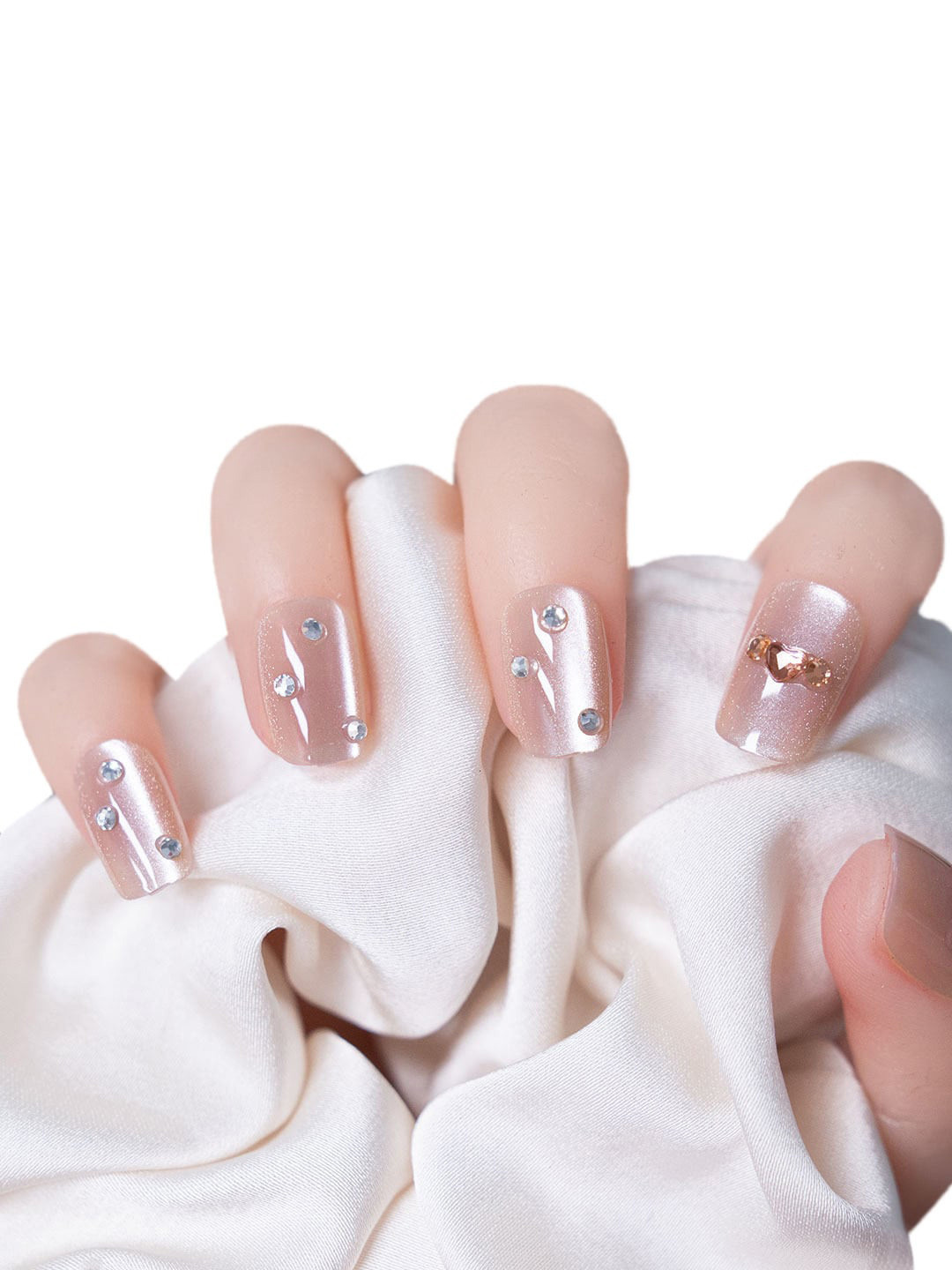 Secret Lives 24-Pcs Cats Eye with 3D Studs Artificial Nails - Nude Pinkish Grey