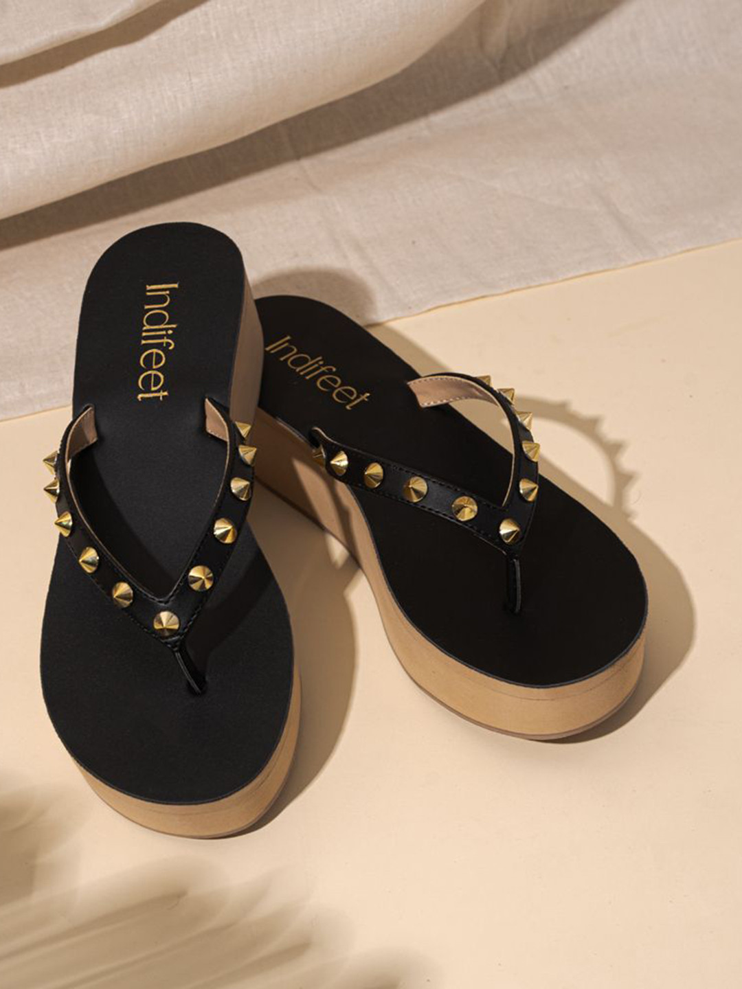 Indifeet Women Embellished Open Toe Black Thong Platform Chappals
