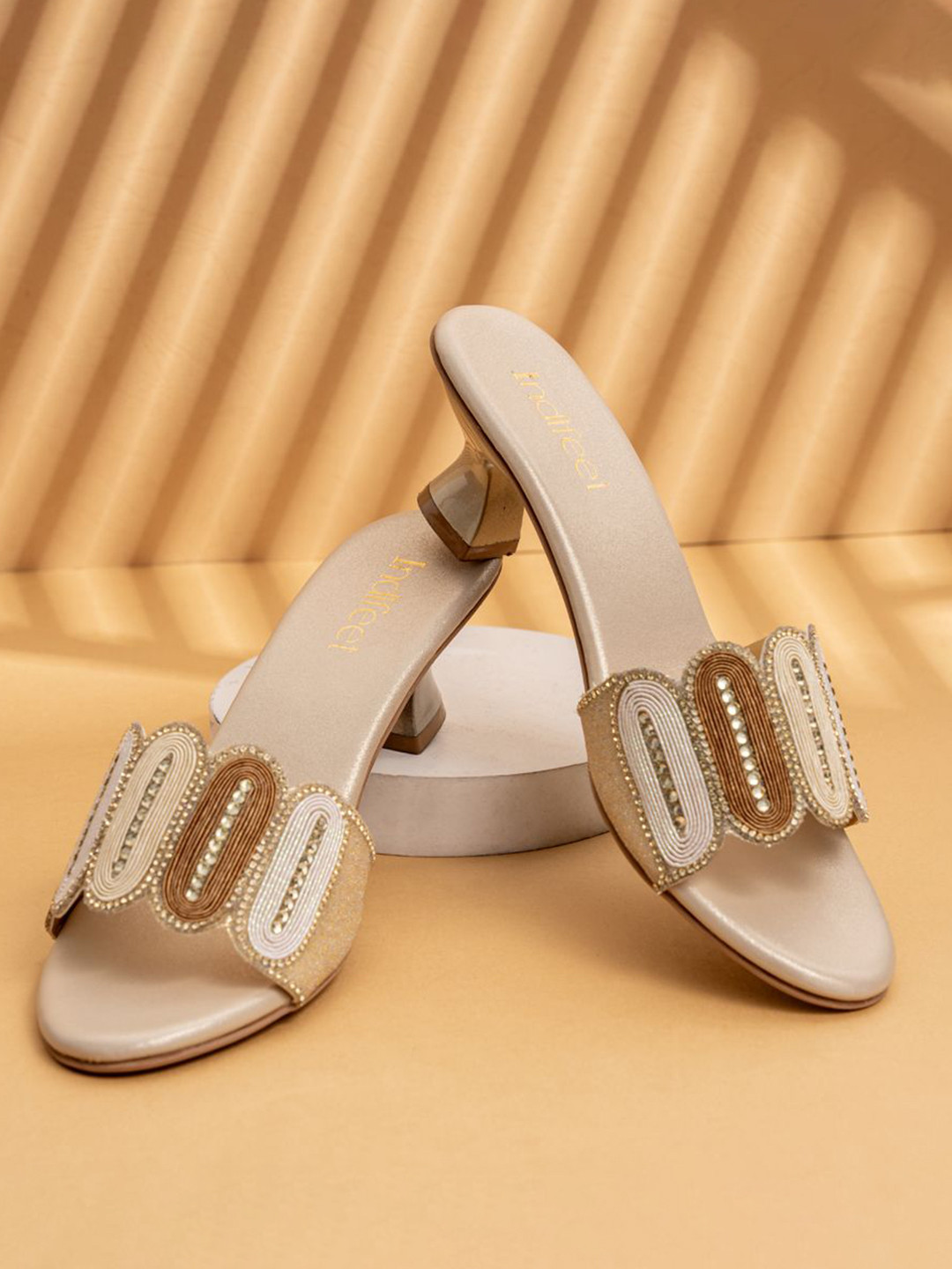 Indifeet Women Embellished Ethnic and Traditional Golden Kitten Heel Sandals