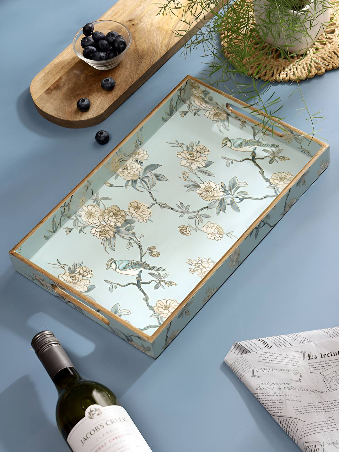 DULI Blue and White Floral Printed Wooden Easy to Clean Serving Tray