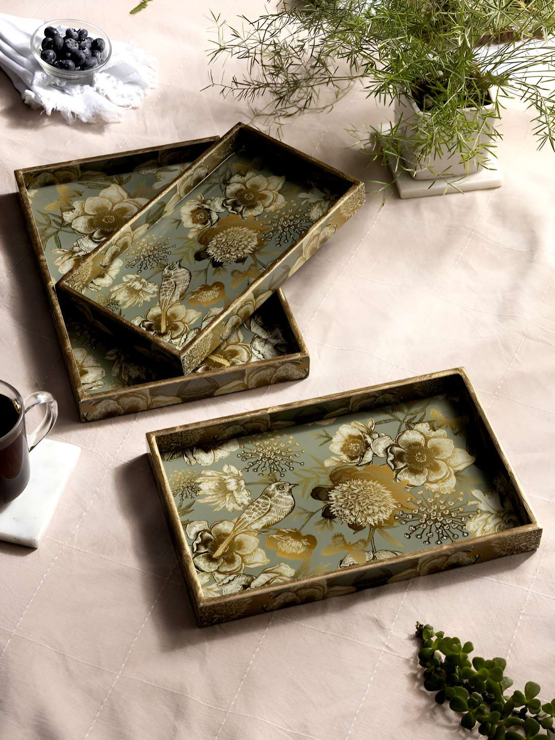DULI Grey and Green 3 Pieces Floral Printed Wooden Serving Trays