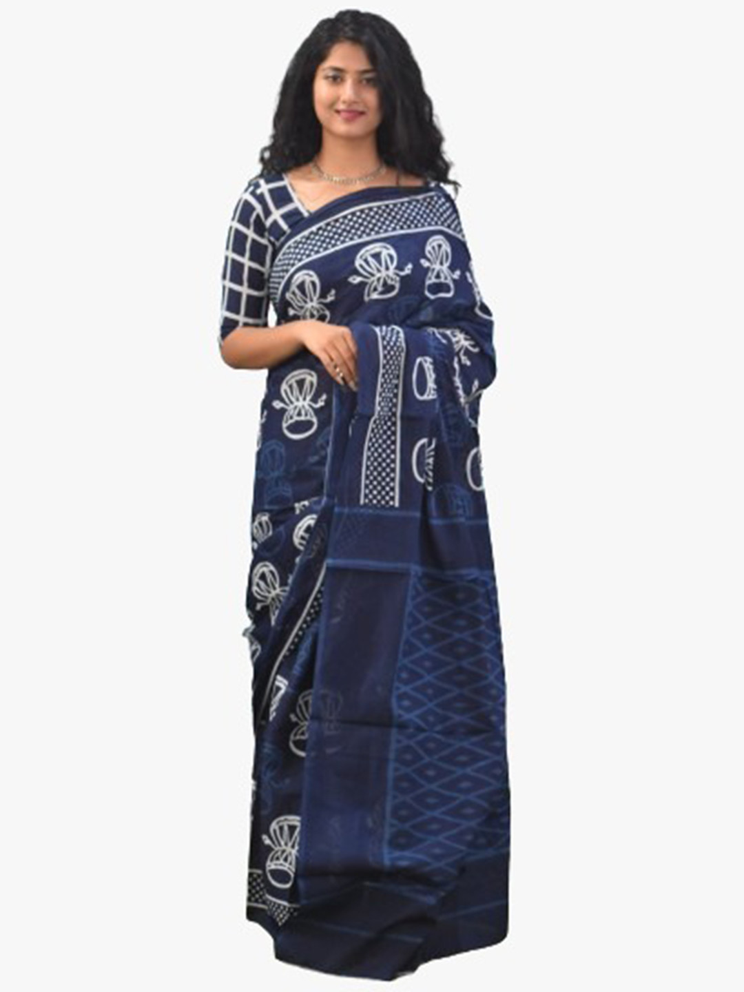TROPWEAR Blue Ethnic Motifs Pure Cotton Ikat Saree