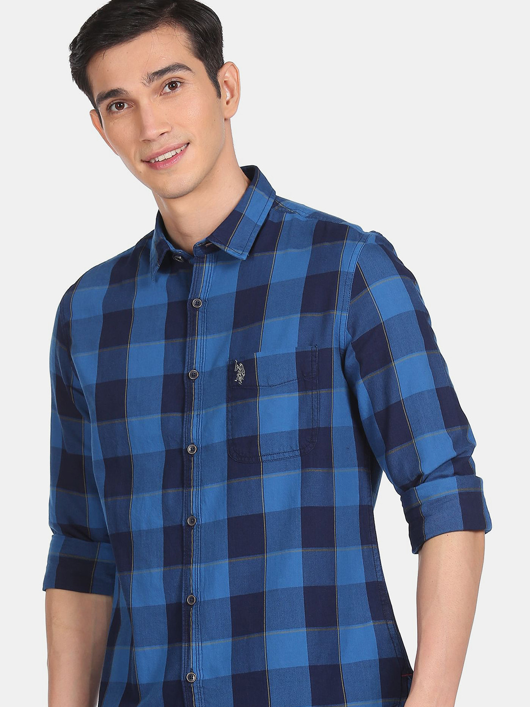 U.S. Polo Assn. Denim Co.Men Blue Cotton Buffalo Checks Casual Shirt