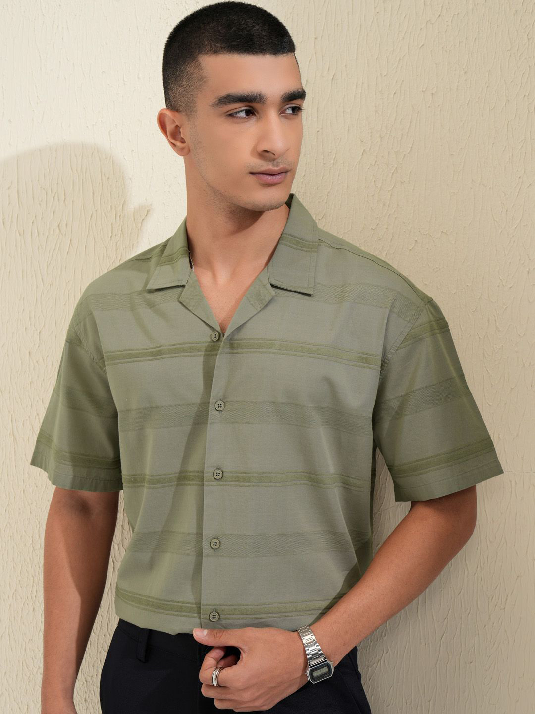 HIGHLANDER Men Chenille Yarn Dobby Textured Cuban Collar Relaxed Shirt