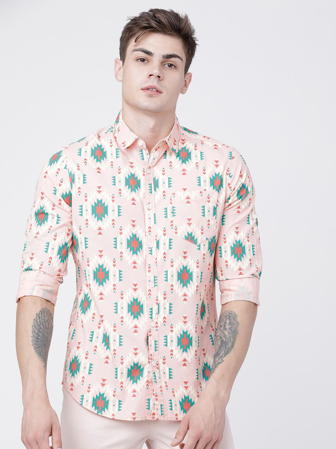 LOCOMOTIVE Men Premiums Coral Teal Printed Casual Slim Fit Shirt