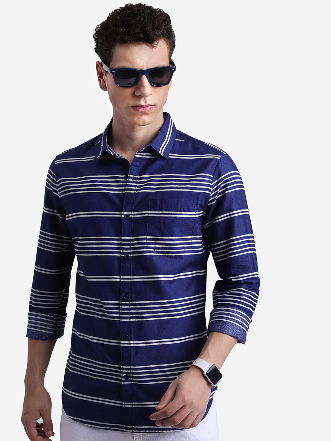 KETCH Blue Slim Fit Horizontal Stripes Opaque Cotton Casual Shirt