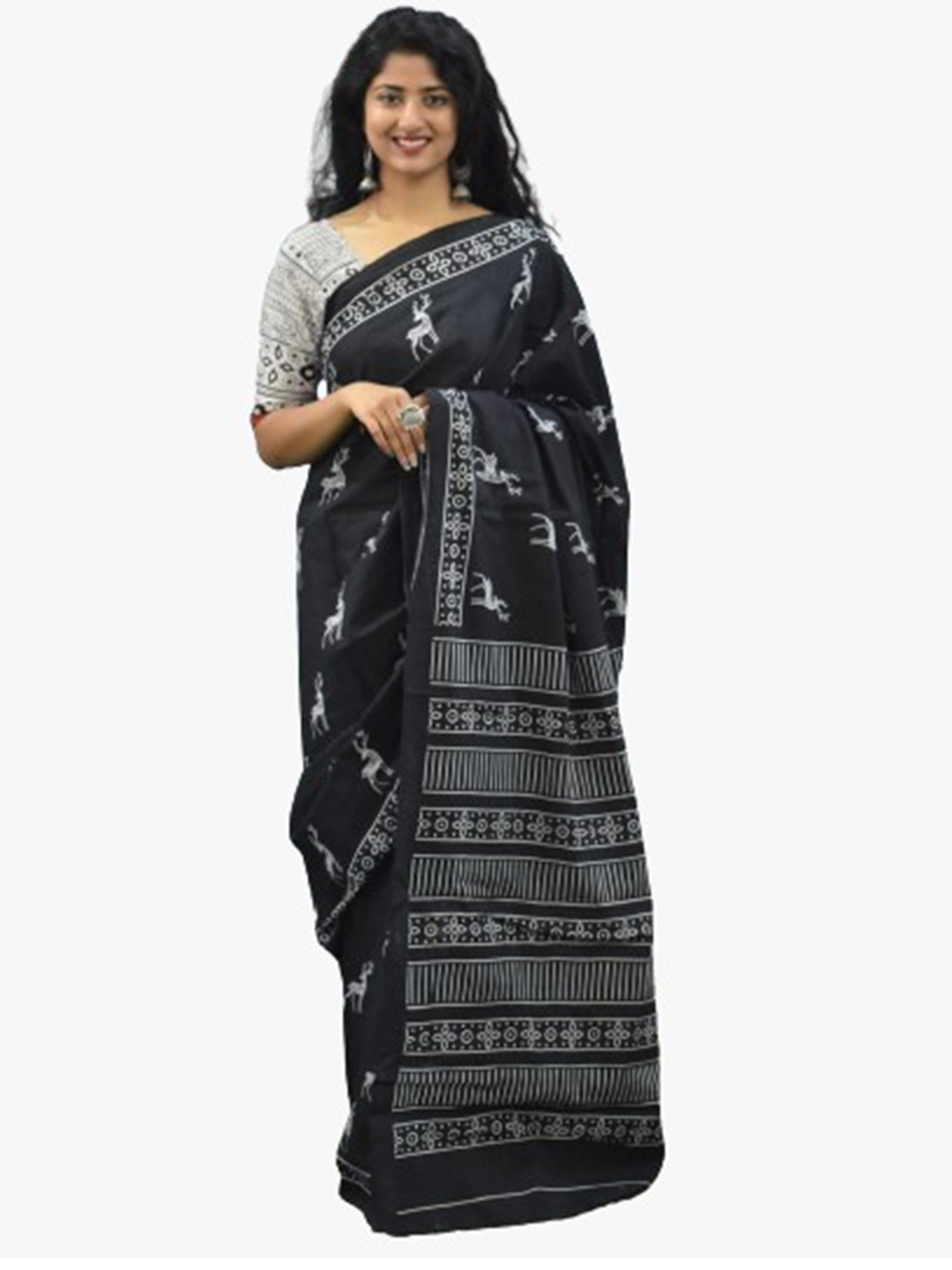 TROPWEAR Black Ethnic Motifs Pure Cotton Block Print Saree
