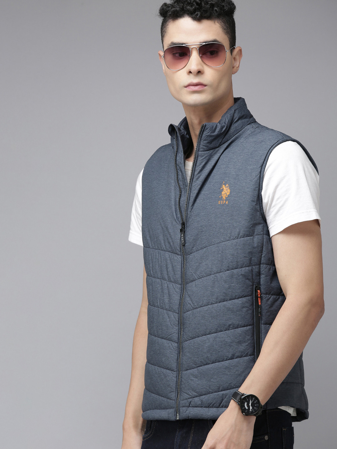 U.S. Polo Assn. Denim Co. Men Navy Blue Solid Gilet Padded Jacket