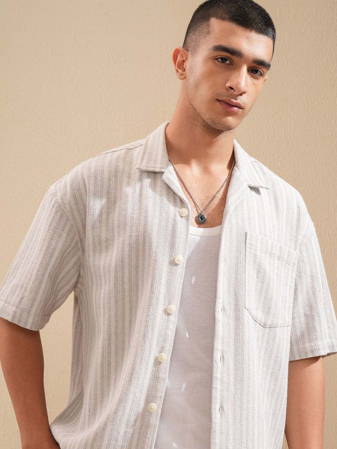 Highlander Men Oversized Textured Dobby Checked Cuban Collar Oversized Shirt