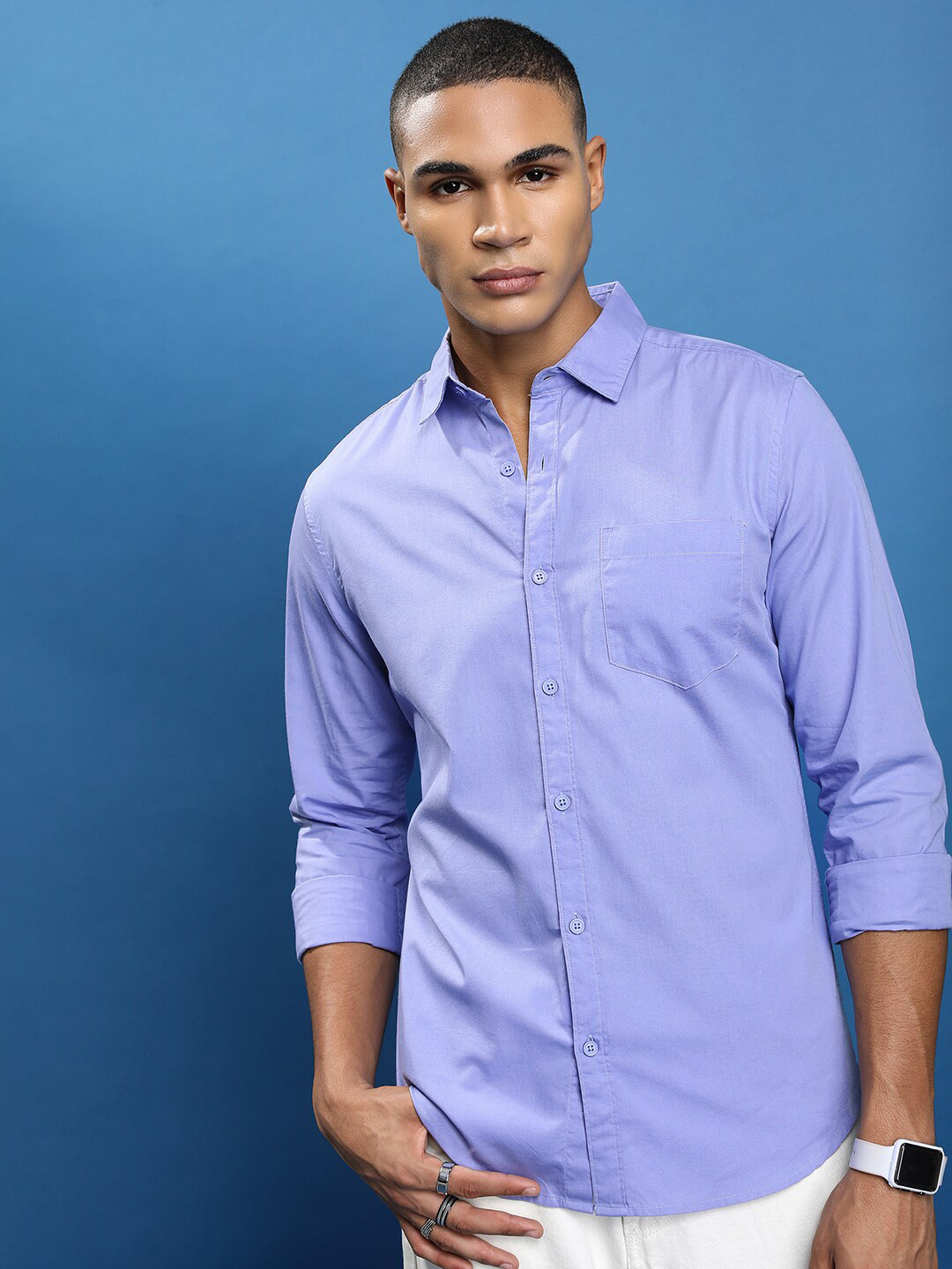 HIGHLANDER Lavender Slim Fit Spread Collar Cotton Casual Shirt