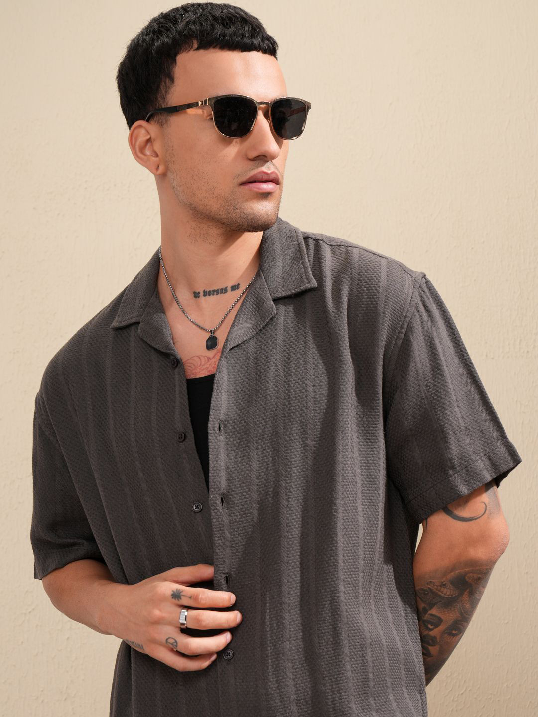 HIGHLANDER Men Dark Striped Dobby Textured Oversized Shirt