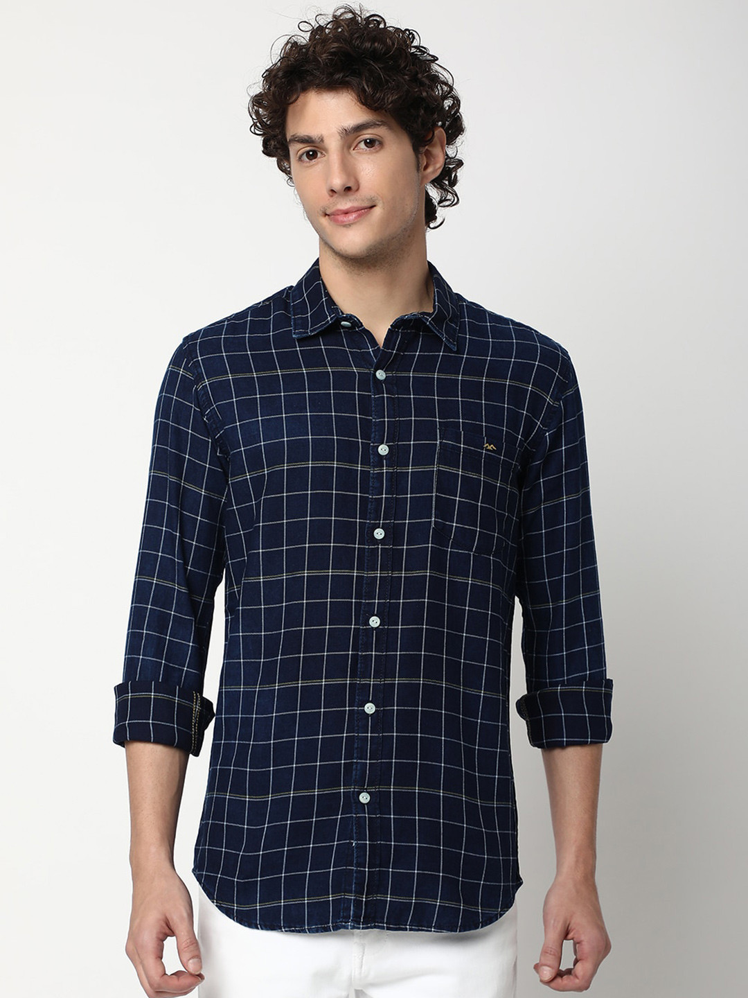 Mufti Slim Fit Grid Tattersall Checked Casual Pure Cotton Shirt