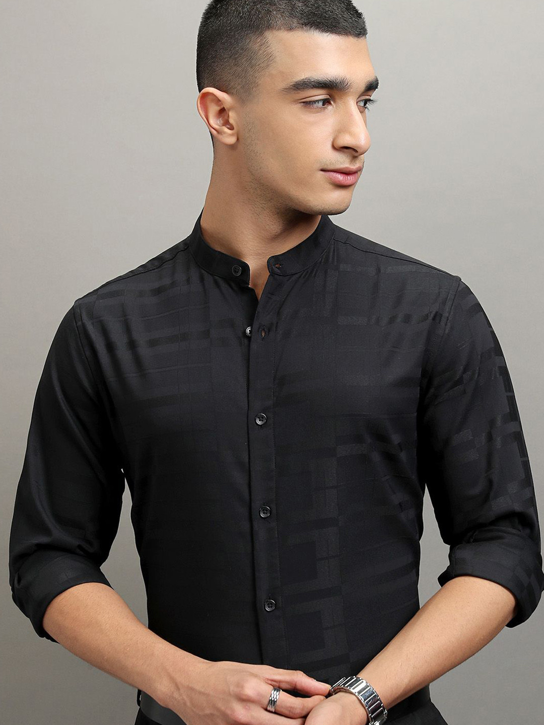Highlander Men Black Dobby Textured Solid Mandarin Collar Multi Occasion Shirt