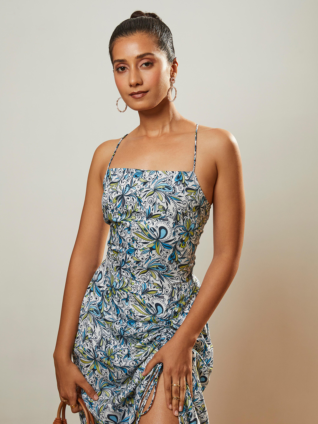 CMGE Floral Floral Printed Tie-Up Neck Satin Sheath Dress