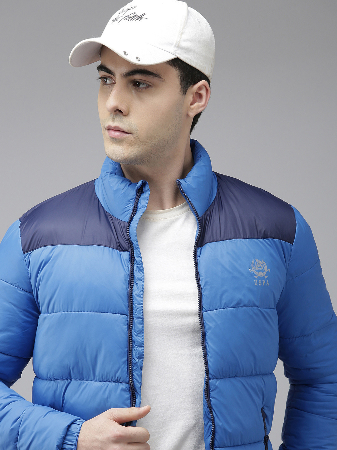 U S Polo Assn Men Blue Colourblocked Mock Collar Puffer Jacket