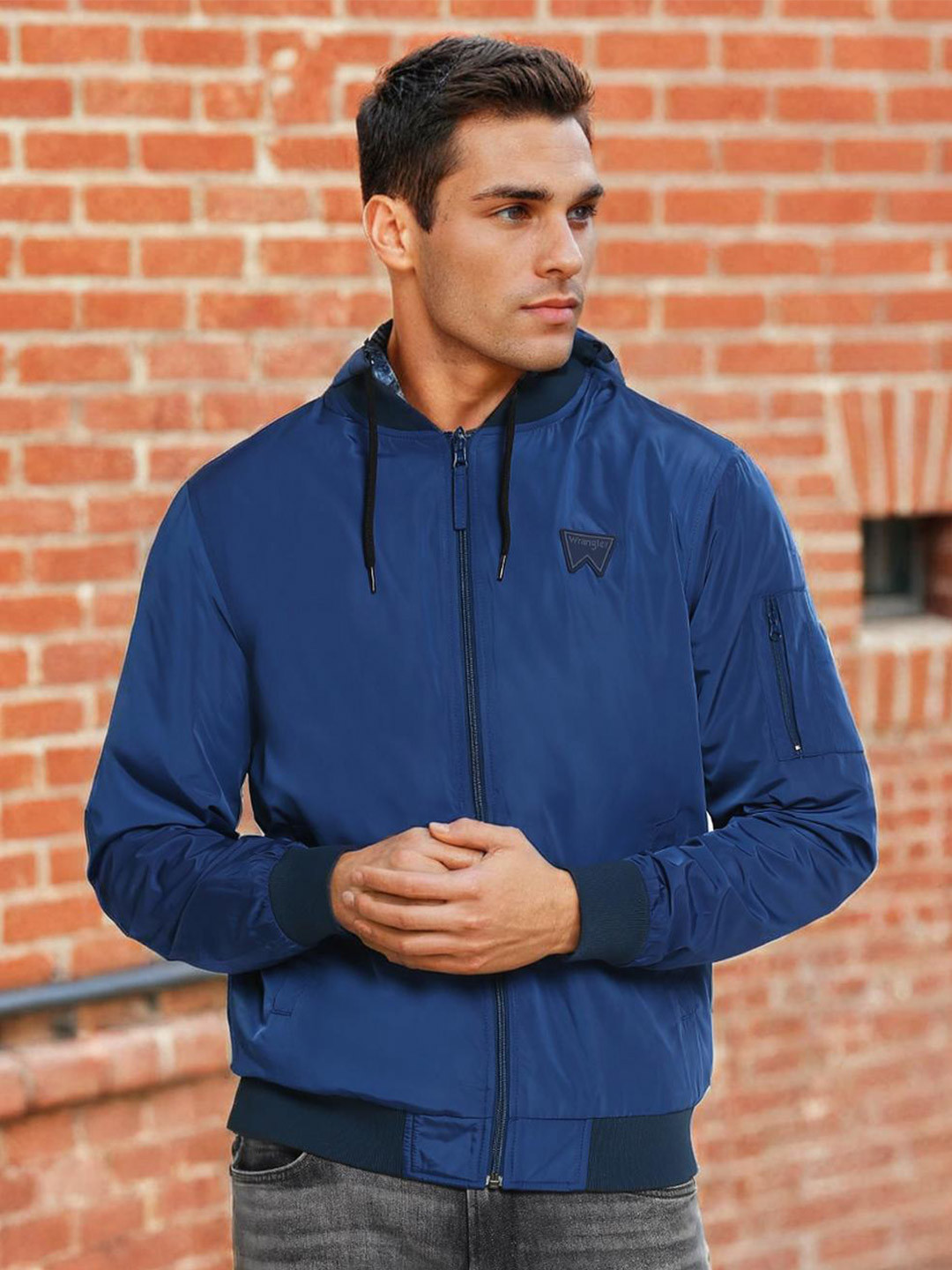 Wrangler Men Blue Camouflage Reversible Bomber Jacket