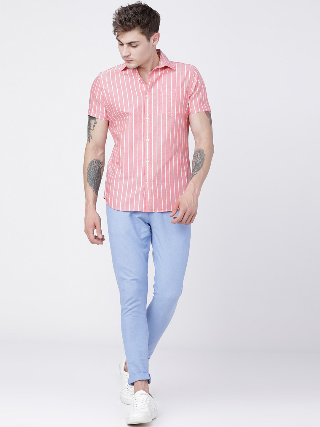 HIGHLANDER Men Coral & White Slim Fit Striped Casual Shirt