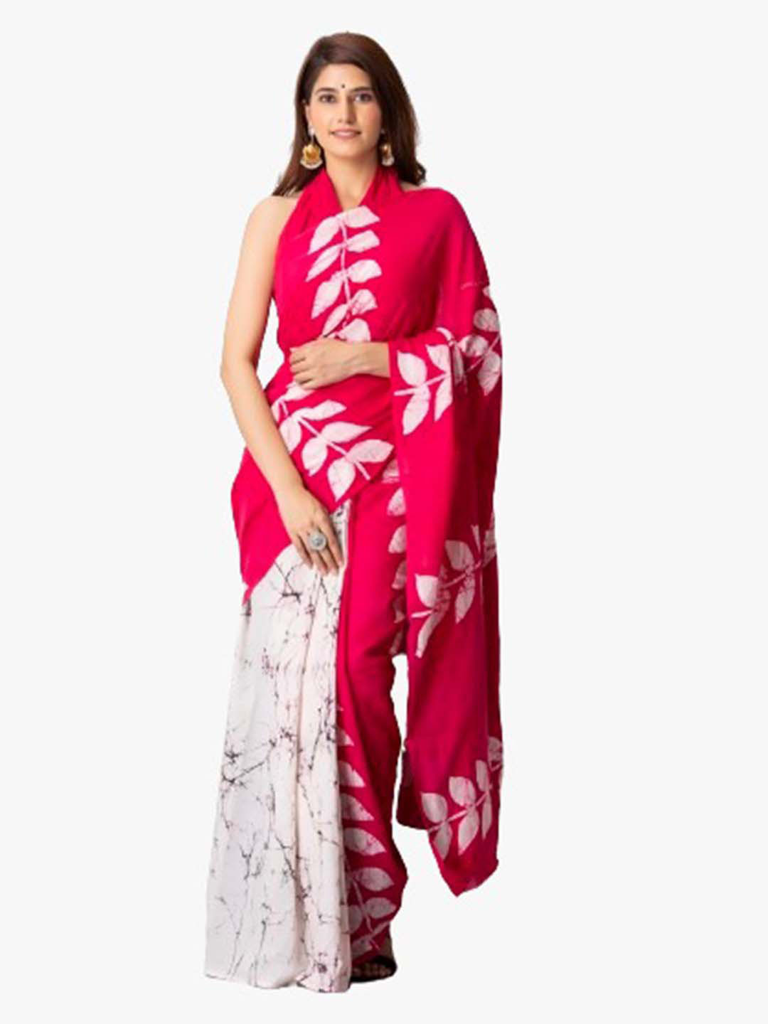 KIAARON Pink & White Pure Cotton Block Print Saree