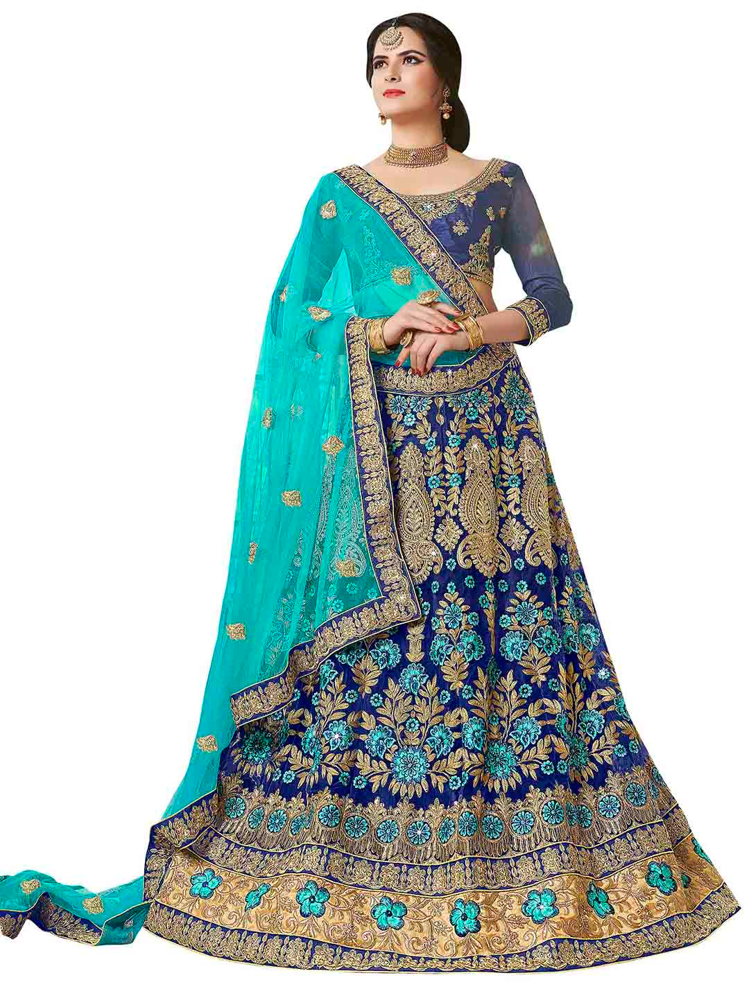 MANVAA Blue & Gold-Toned Embroidered Beads and Stones Semi-Stitched Lehenga & Unstitched Blouse With Dupatta