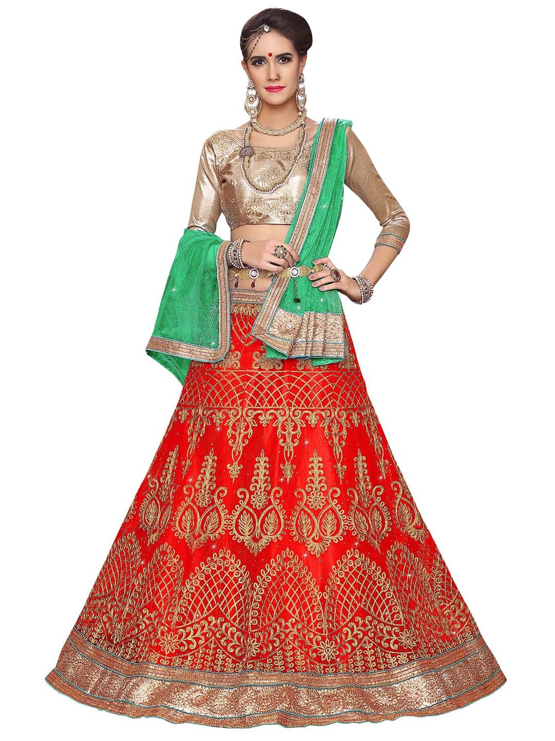 MANVAA Red & Green Embroidered Beads and Stones Semi-Stitched Lehenga & Unstitched Blouse With Dupatta