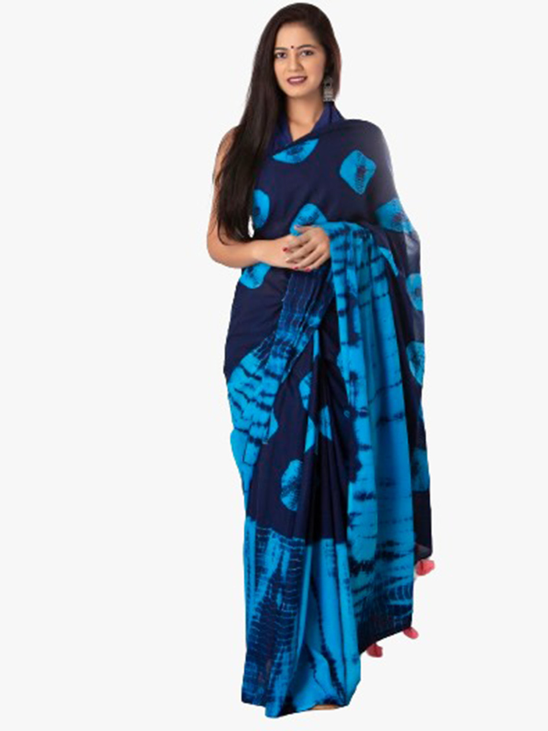 JALTHER Blue & Black Bandhani Pure Cotton Block Print Saree