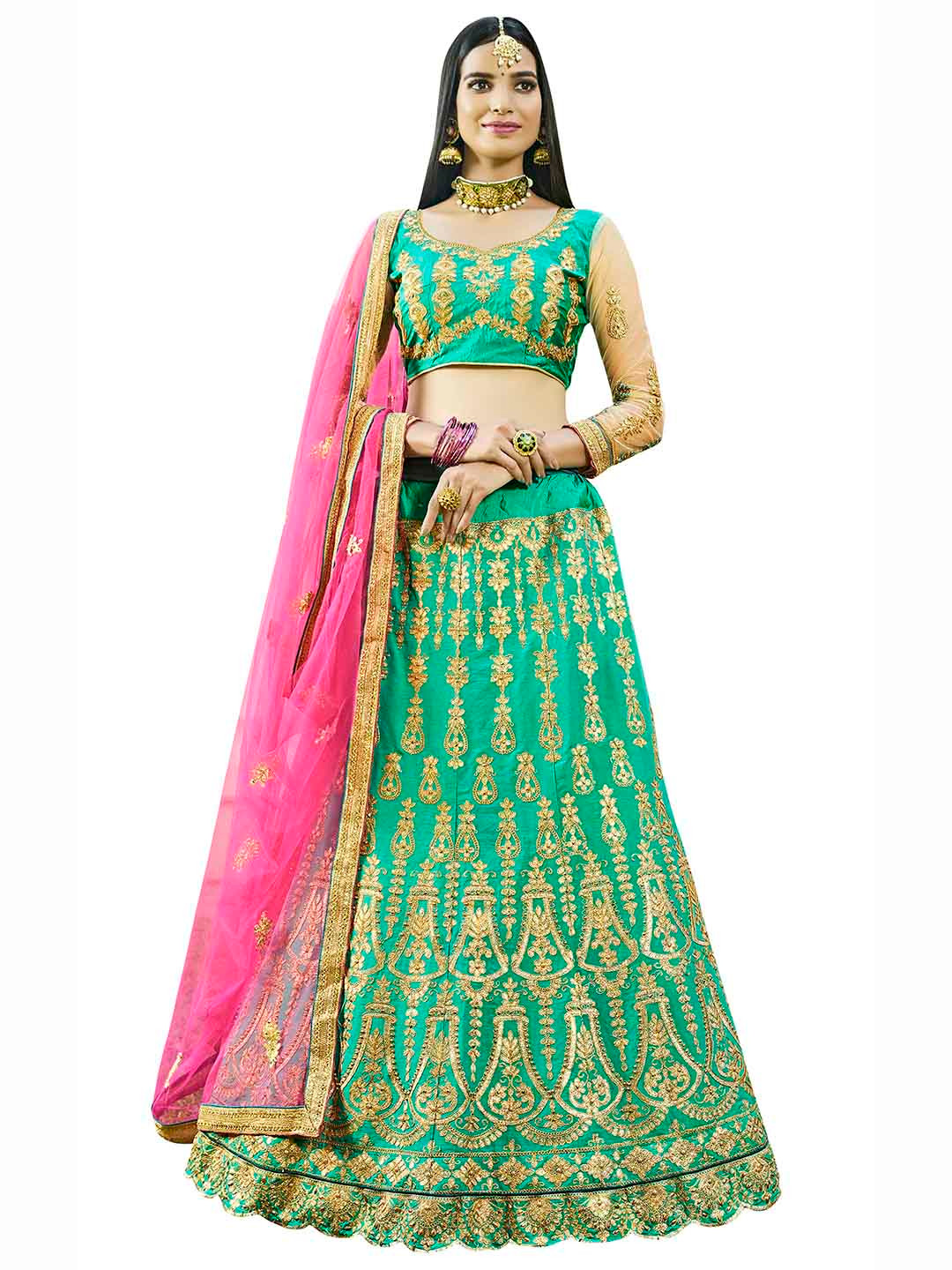 MANVAA Lime Green & Pink Embroidered Thread Work Semi-Stitched Lehenga & Unstitched Blouse With Dupatta