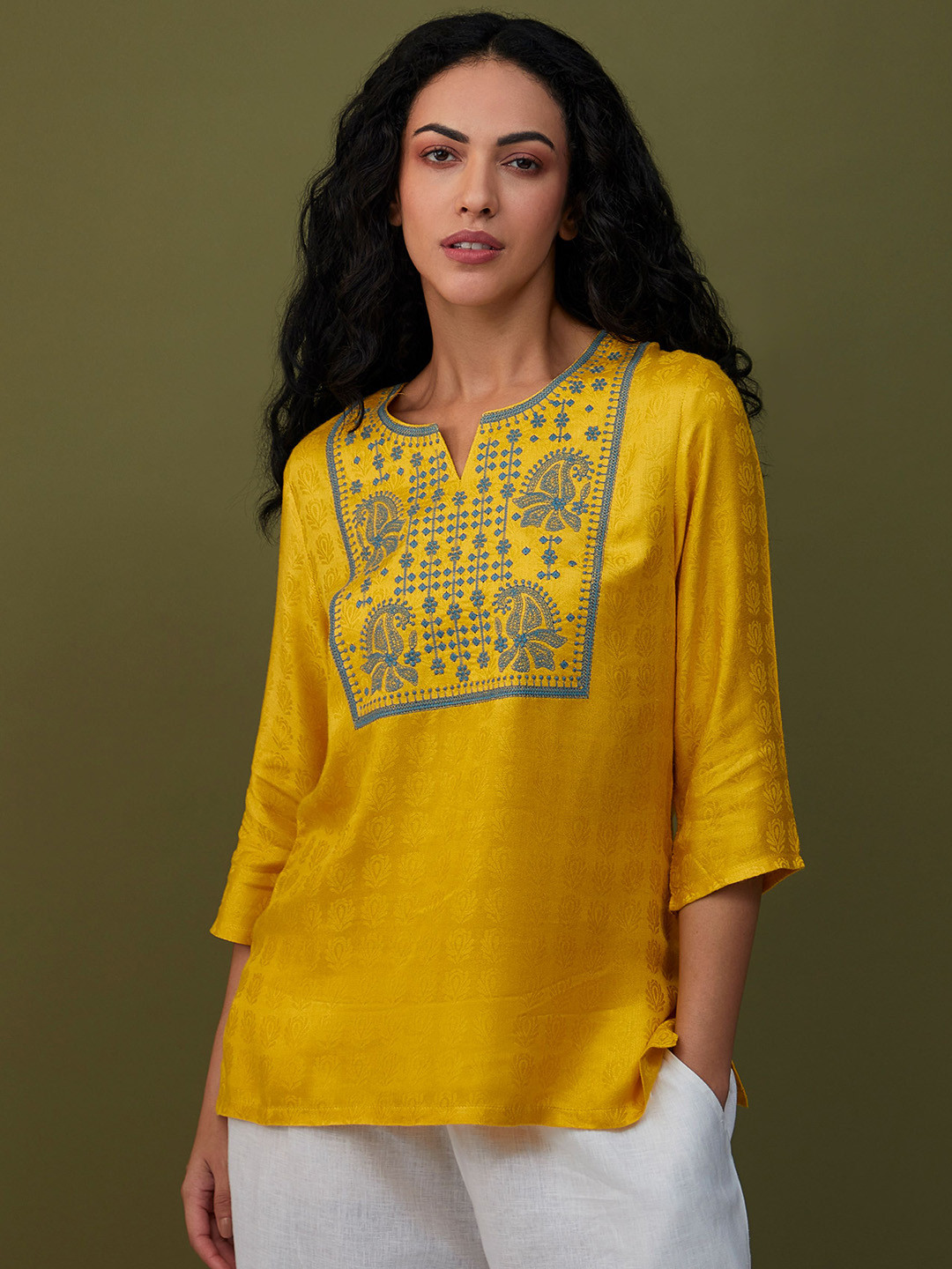 Bombay Bloom Yellow & Blue Liva Embroidered Ethnic Tunic
